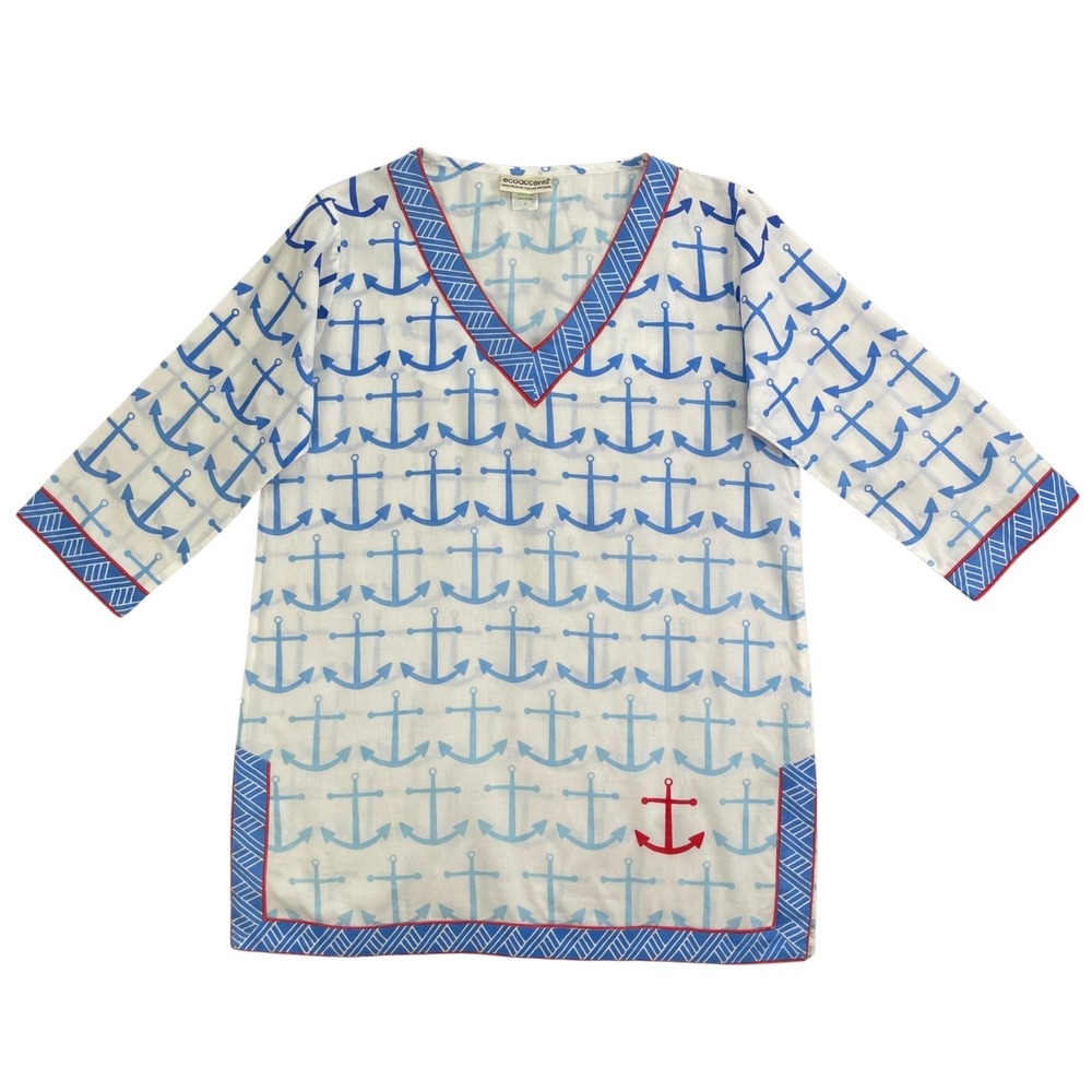 Ecoaccents Womens White Blueβ Anchor Print V Neck Tunic Cover Up Top Size S